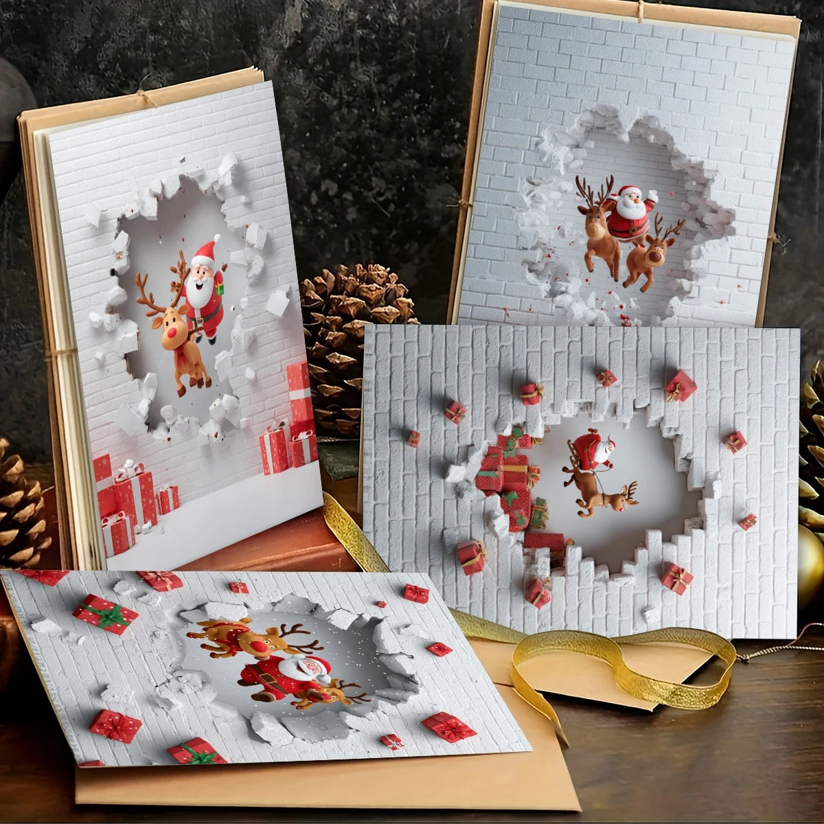 6/12 Set Christmas Greeting Cards with Envelopes – Santa & Reindeer Holiday Cards for Family & Friends
