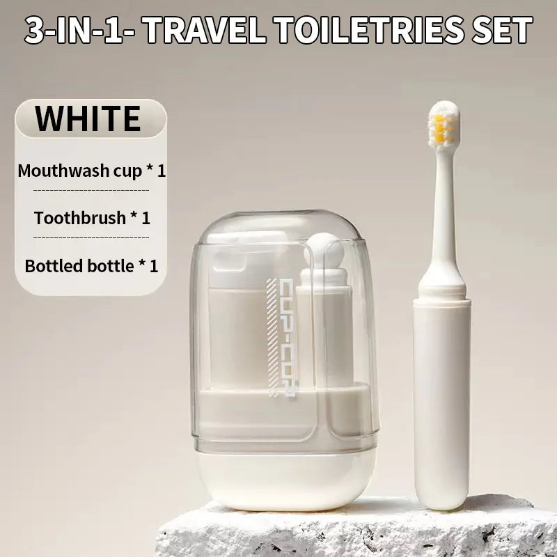 Travel Toiletries Set -3-in-1 Convenient Mouthwash Cup, Toothbrush, Toothpaste Storage Box - Essential for Business Trips