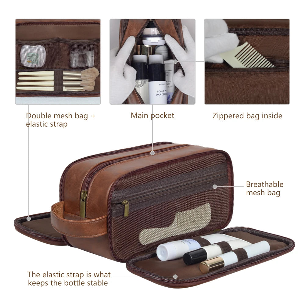Travel Toiletry Bag for Men Pure Leather Water Resistant Toiletries Organizer with Handle Versatile