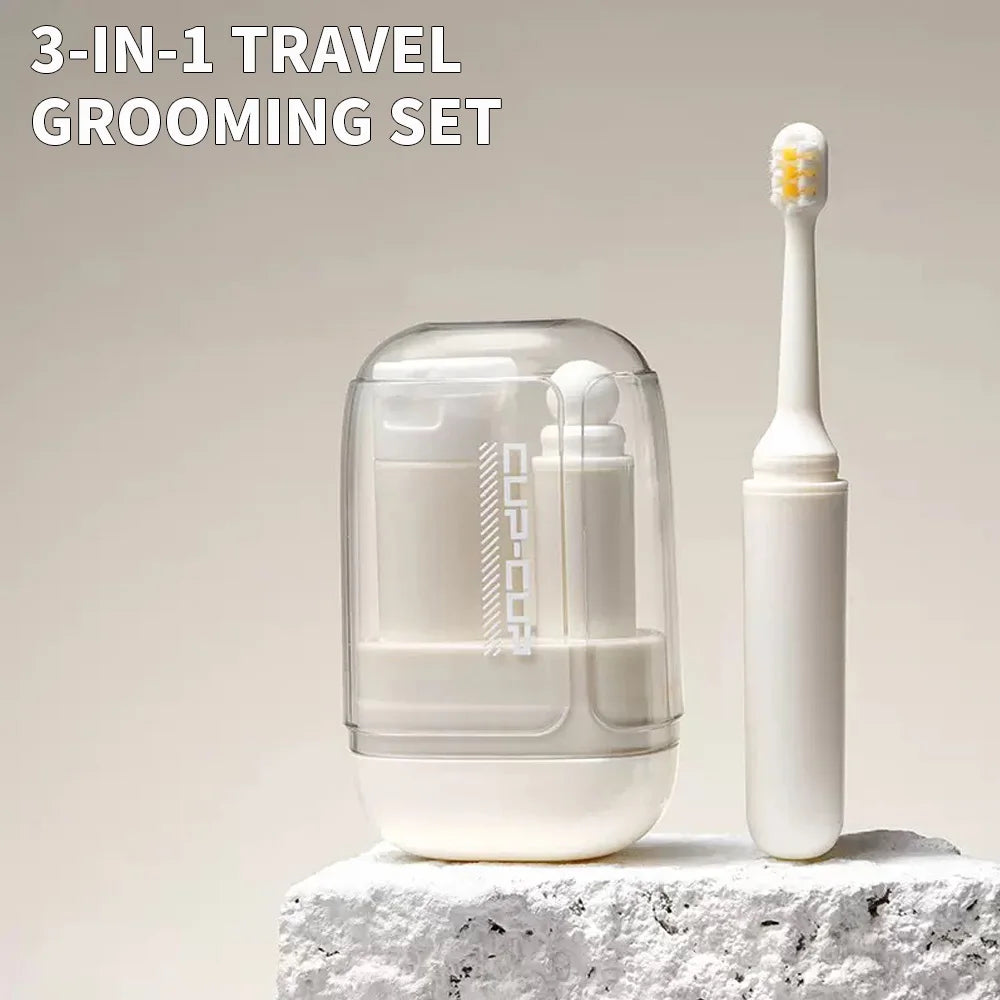 Travel Toiletries Set -3-in-1 Convenient Mouthwash Cup, Toothbrush, Toothpaste Storage Box - Essential for Business Trips
