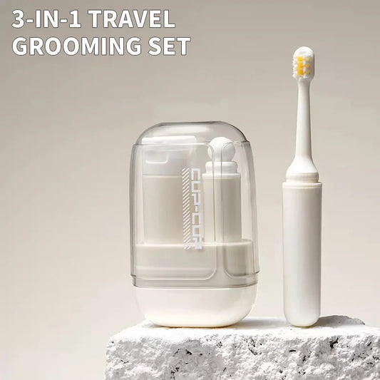 Travel Toiletries Set -3-in-1 Convenient Mouthwash Cup, Toothbrush, Toothpaste Storage Box - Essential for Business Trips