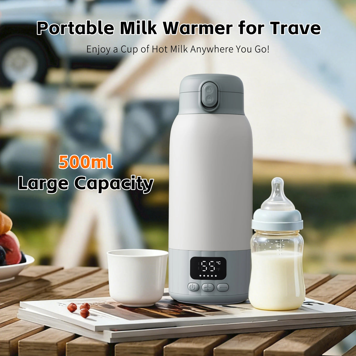 Portable Baby Bottle Warmer for Breast Milk, 17OZ Large Capacity Travel Milk Warmer, Fast Heating Preserve Nutrients, Ideal for Night Feeding, Outdoor Travel, Also for Coffee & Tea