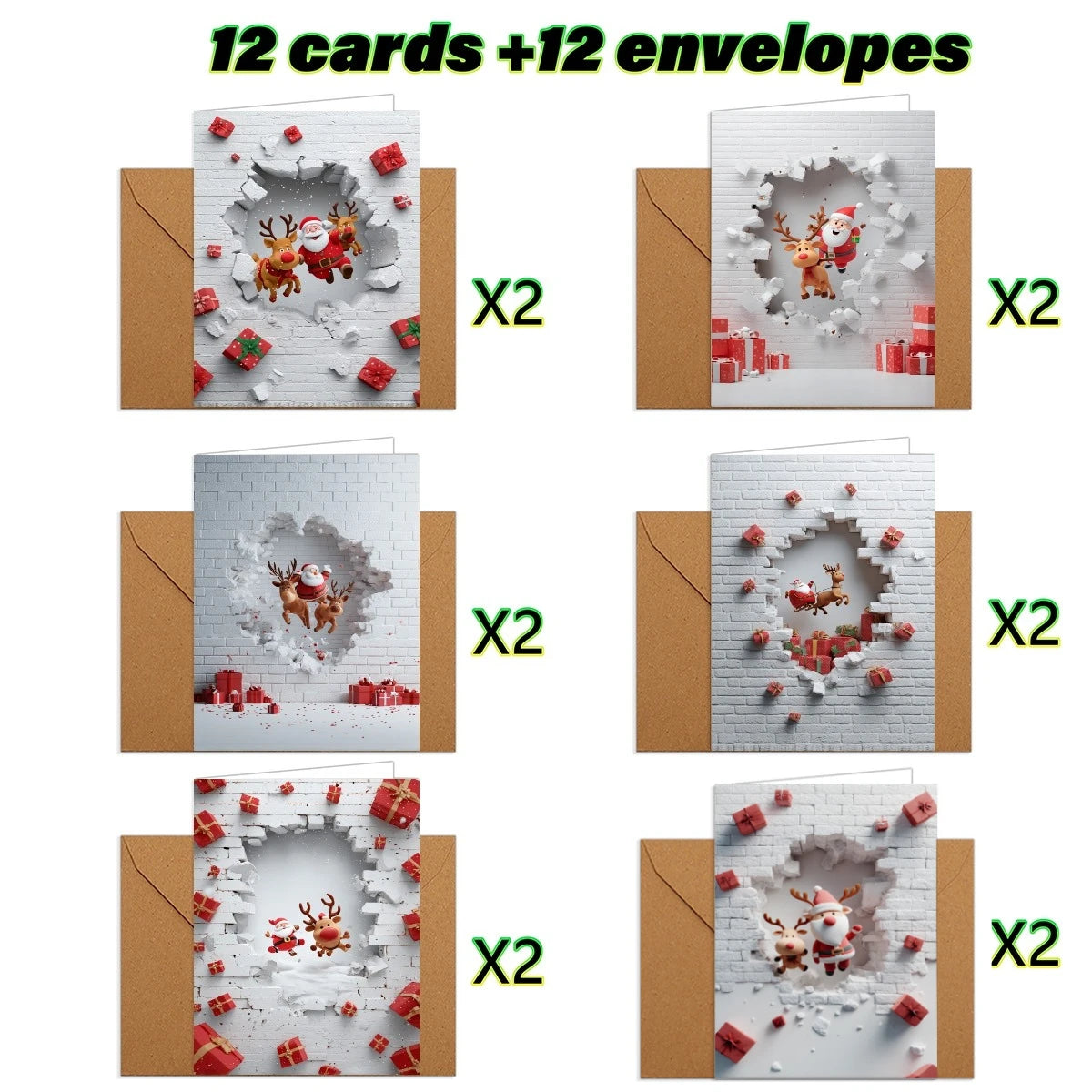 6/12 Set Christmas Greeting Cards with Envelopes – Santa & Reindeer Holiday Cards for Family & Friends
