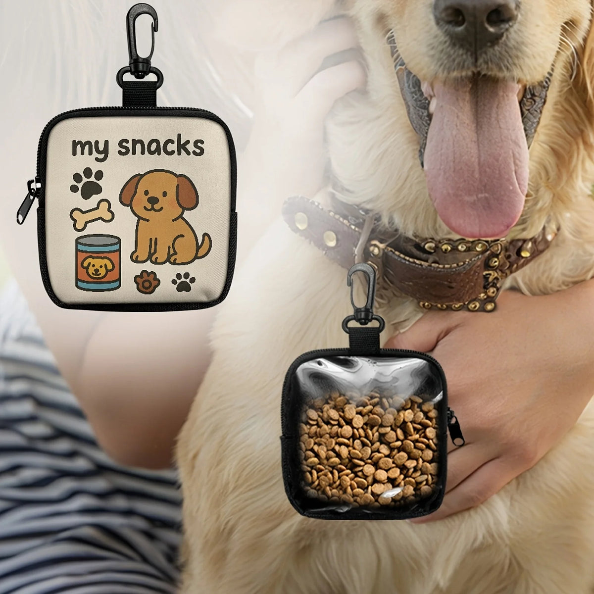 Cute Dog Print Dog Treat Pouch, Dog Treat Bag with Hook Up and Zipper, Puppy Training Bag