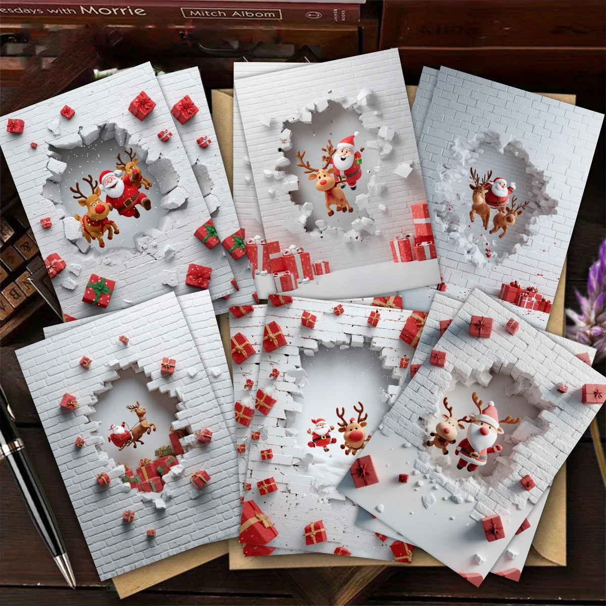 6/12 Set Christmas Greeting Cards with Envelopes – Santa & Reindeer Holiday Cards for Family & Friends