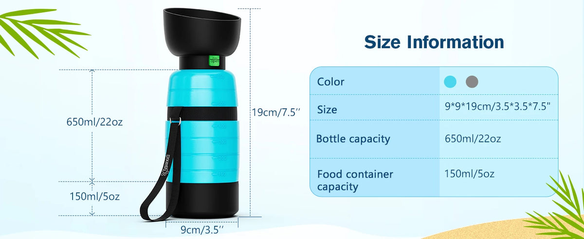 650ML Dog Water Bottle with 150ml Food Container, Dog Travel Water Bottle Dispenser, Pet Bowl for Outdoor Walking Hiking Camping