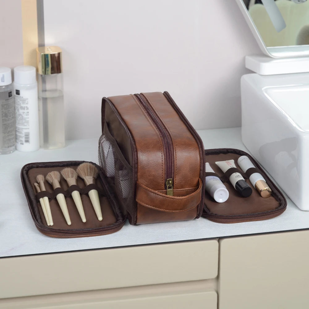 Travel Toiletry Bag for Men Pure Leather Water Resistant Toiletries Organizer with Handle Versatile