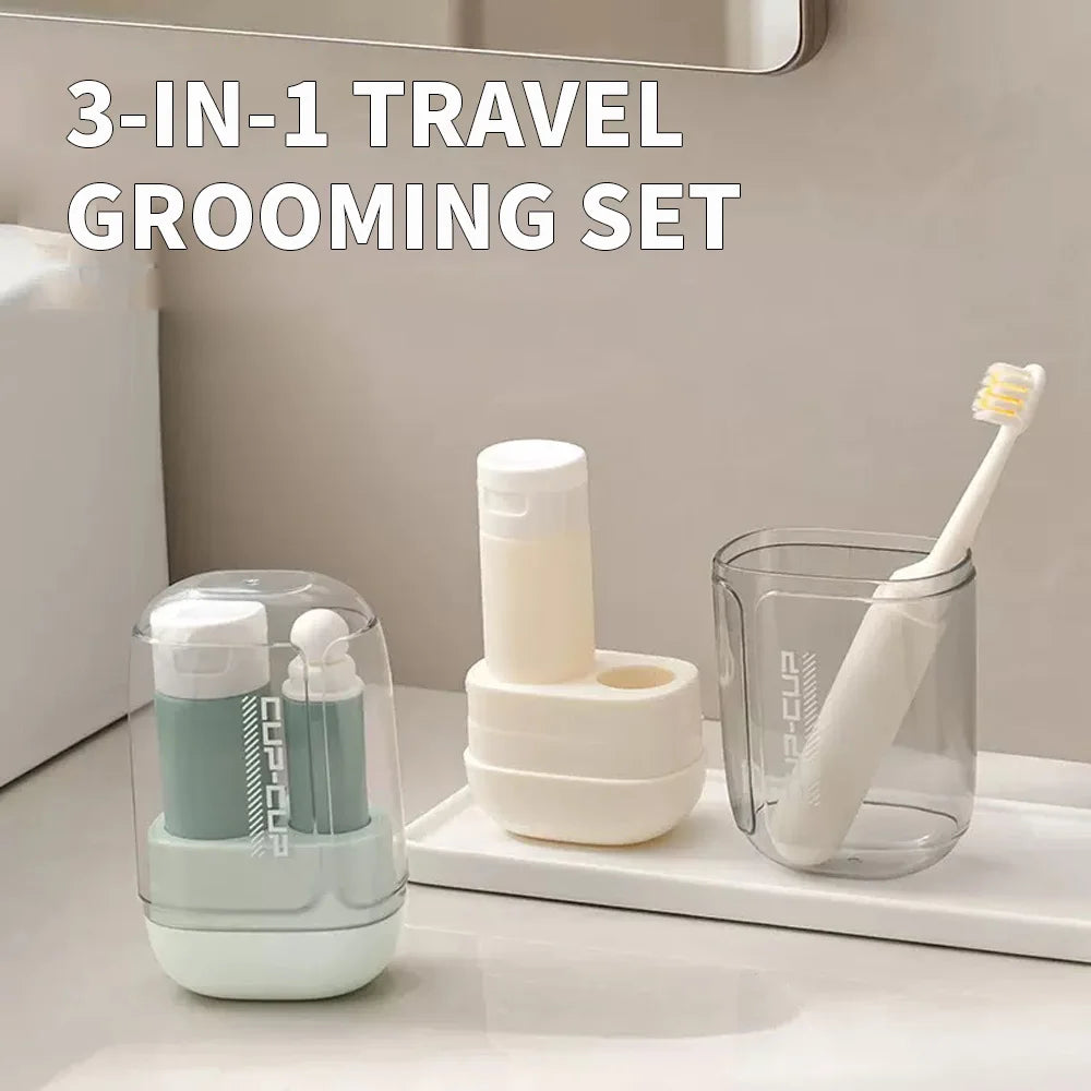 Travel Toiletries Set -3-in-1 Convenient Mouthwash Cup, Toothbrush, Toothpaste Storage Box - Essential for Business Trips
