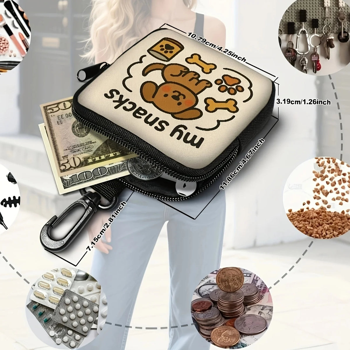 Cute Dog Print Dog Treat Pouch, Dog Treat Bag with Hook Up and Zipper, Puppy Training Bag