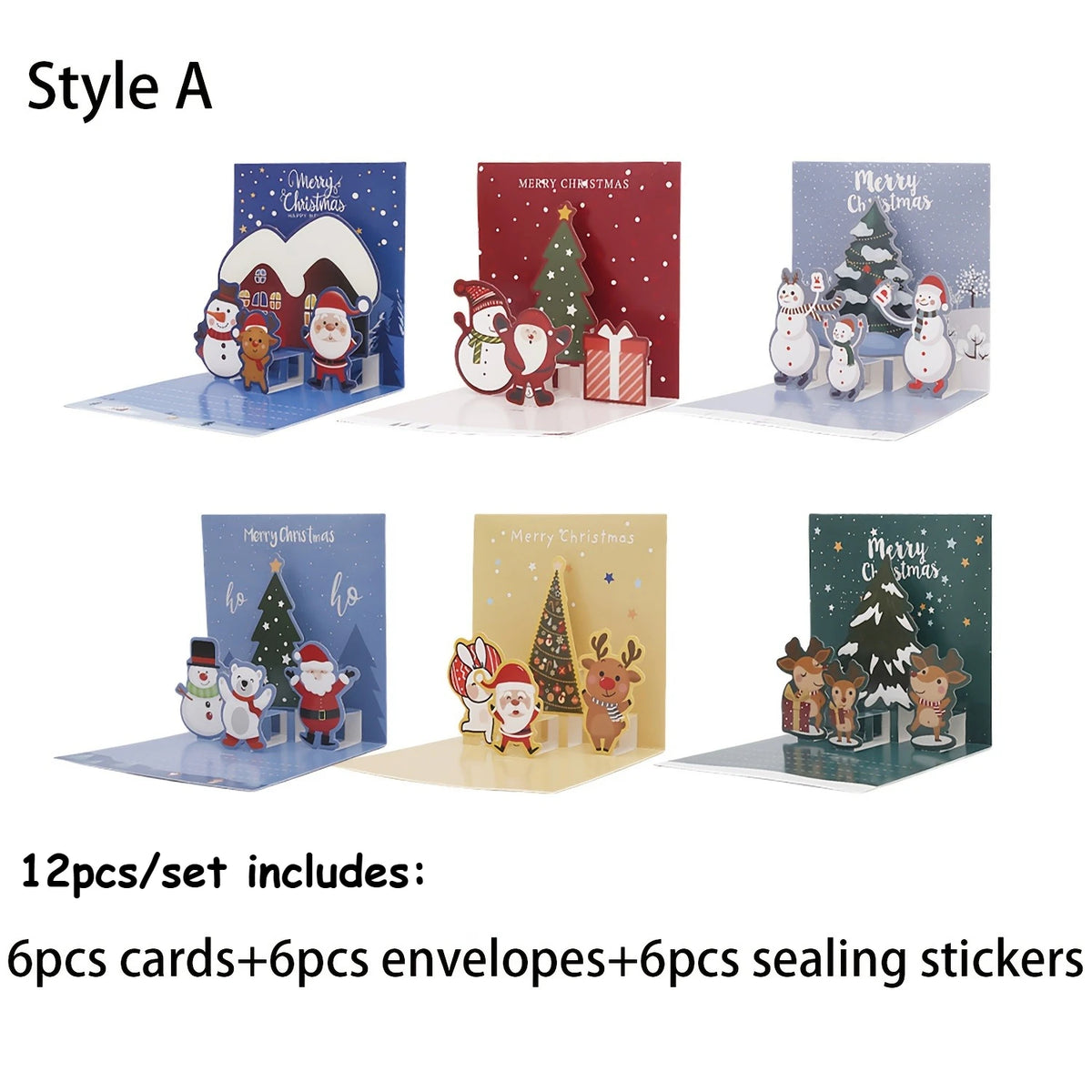12 Pcs 6 Christmas Cards and 6 Envelopes & Stickers | Holiday Greeting Set