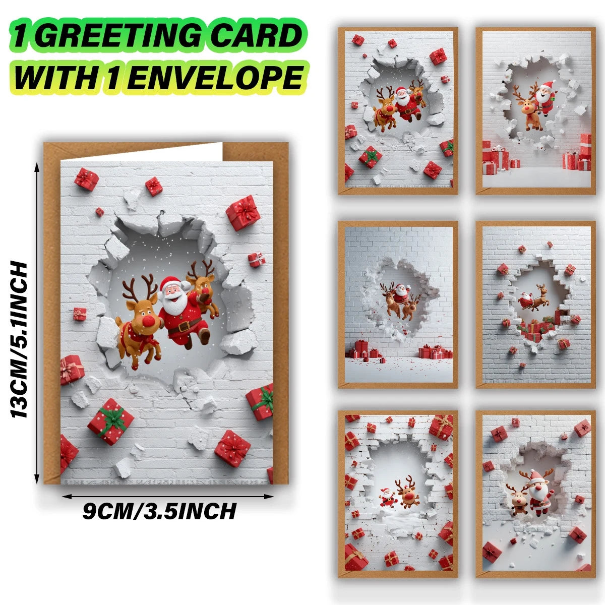 6/12 Set Christmas Greeting Cards with Envelopes – Santa & Reindeer Holiday Cards for Family & Friends