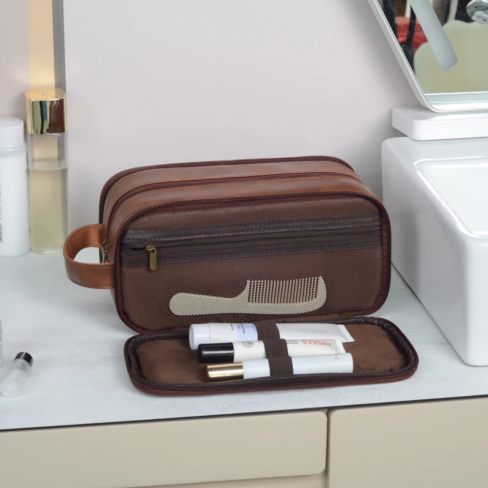 Travel Toiletry Bag for Men Pure Leather Water Resistant Toiletries Organizer with Handle Versatile