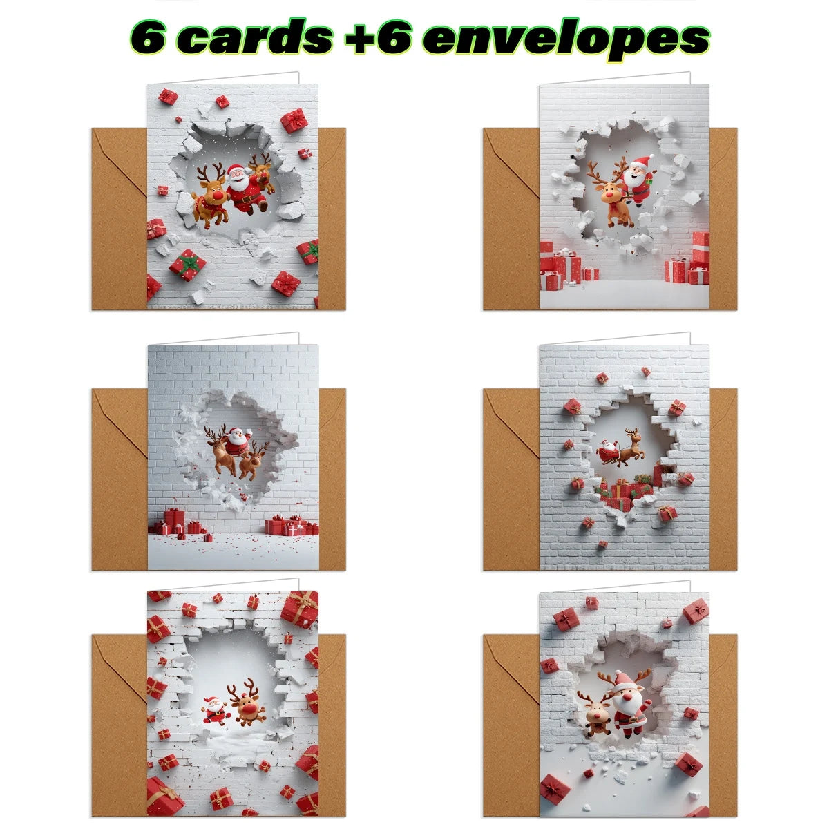 6/12 Set Christmas Greeting Cards with Envelopes – Santa & Reindeer Holiday Cards for Family & Friends