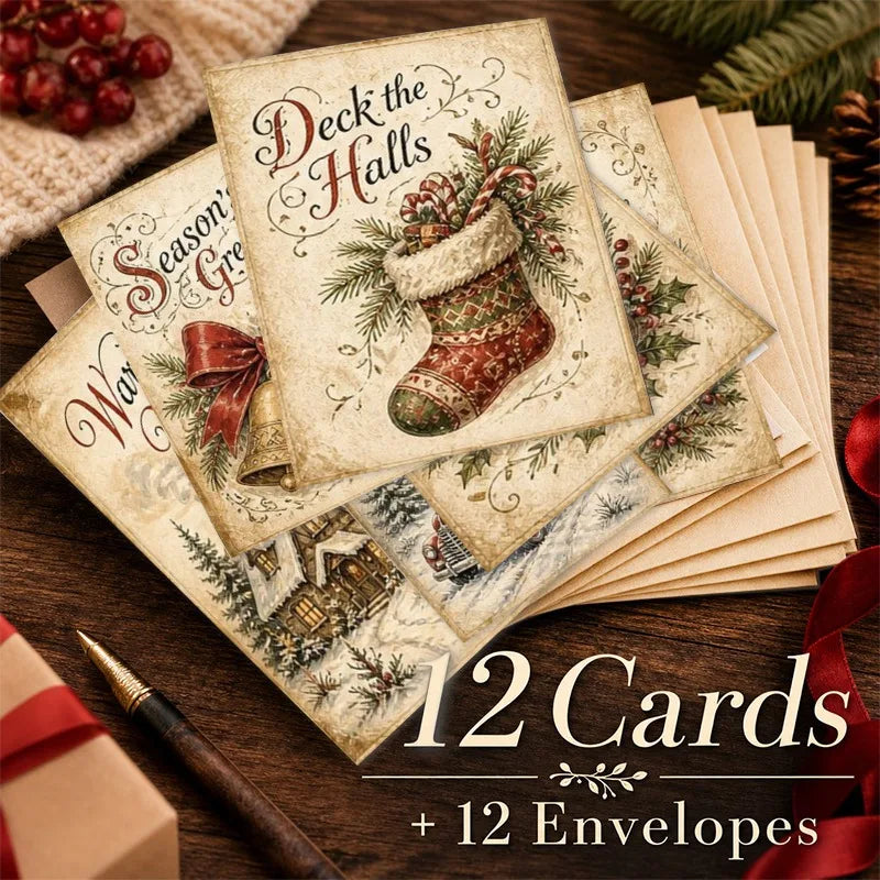 12 Vintage Christmas Greeting Cards with Envelopes – Winter Cottage Holiday Cards for Family, Friends & Coworkers