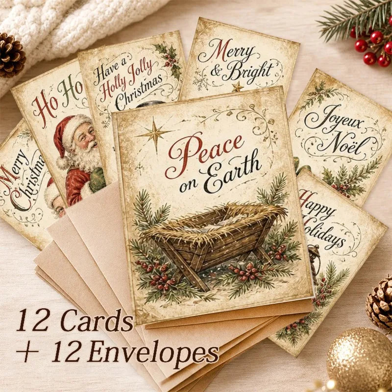 12 Vintage Christmas Greeting Cards with Envelopes – Winter Cottage Holiday Cards for Family, Friends & Coworkers