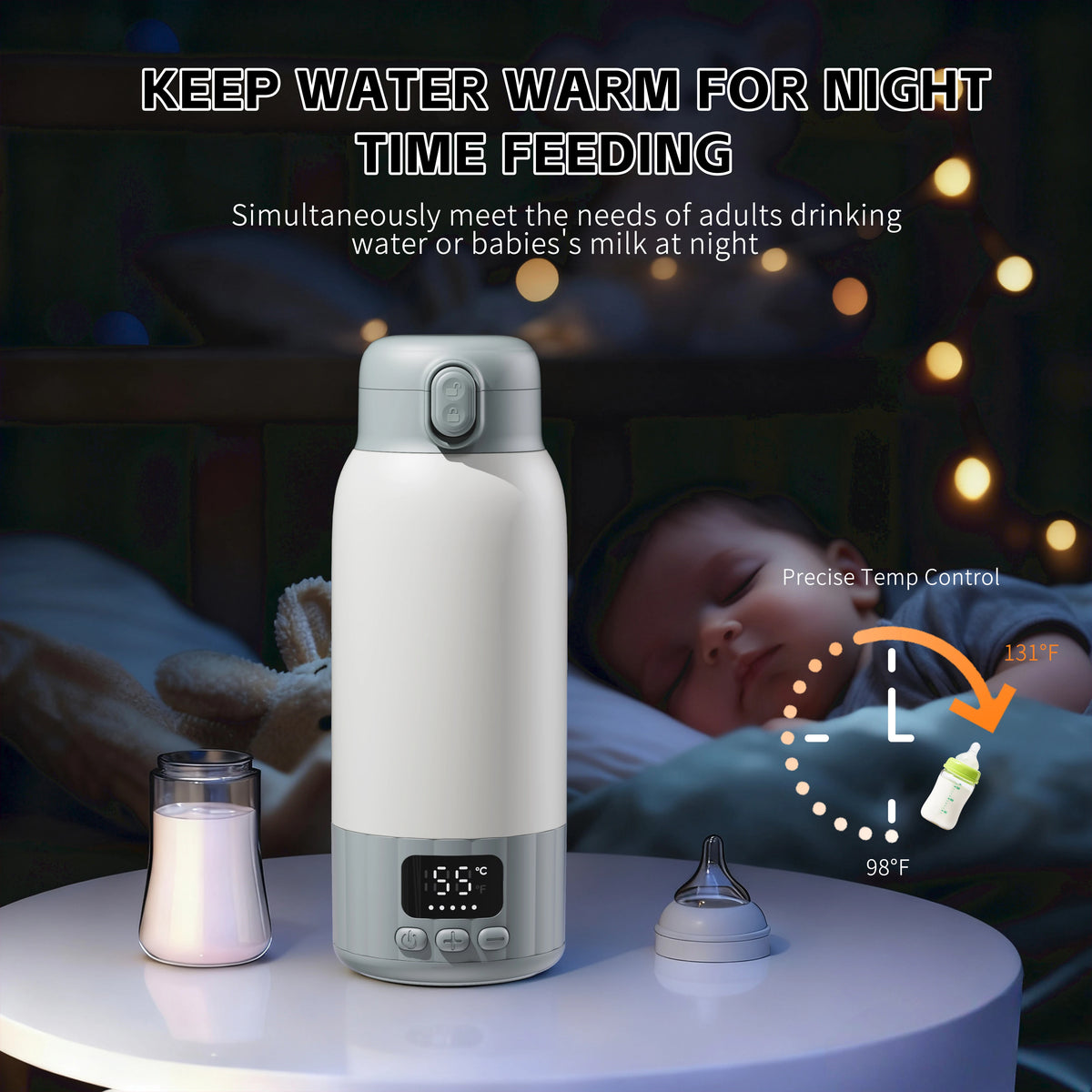 Portable Baby Bottle Warmer for Breast Milk, 17OZ Large Capacity Travel Milk Warmer, Fast Heating Preserve Nutrients, Ideal for Night Feeding, Outdoor Travel, Also for Coffee & Tea