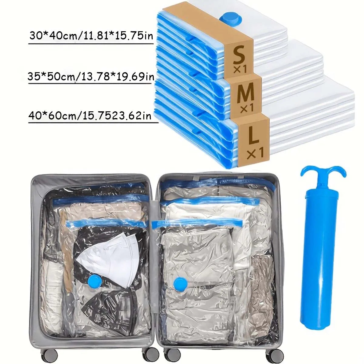 Travel storage bag set, for business trips, travels, dormitories, saves space, vacuum travel storage bag for home organization