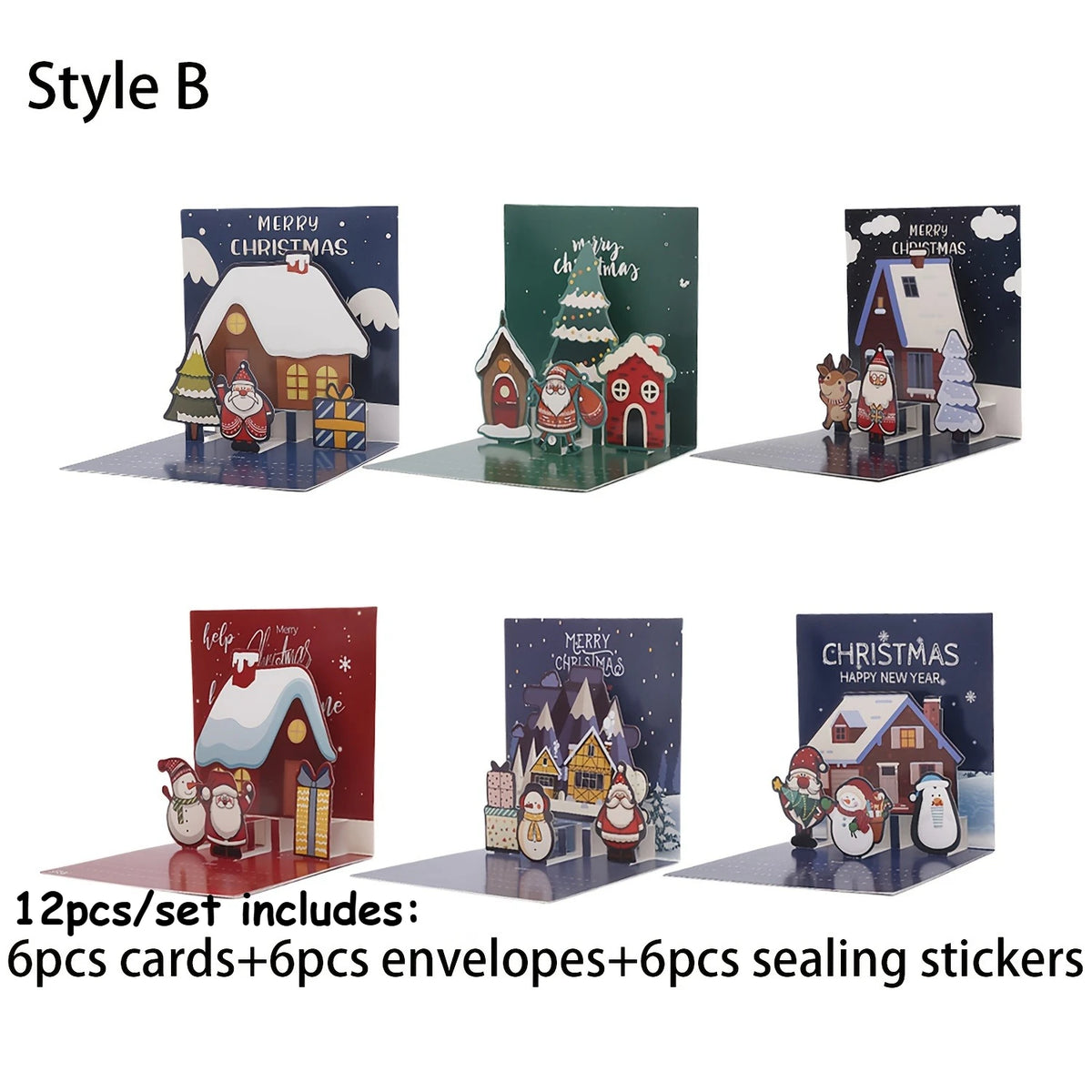 12 Pcs 6 Christmas Cards and 6 Envelopes & Stickers | Holiday Greeting Set