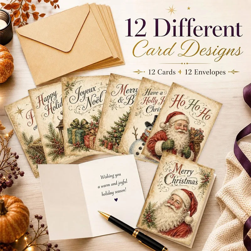 12 Vintage Christmas Greeting Cards with Envelopes – Winter Cottage Holiday Cards for Family, Friends & Coworkers