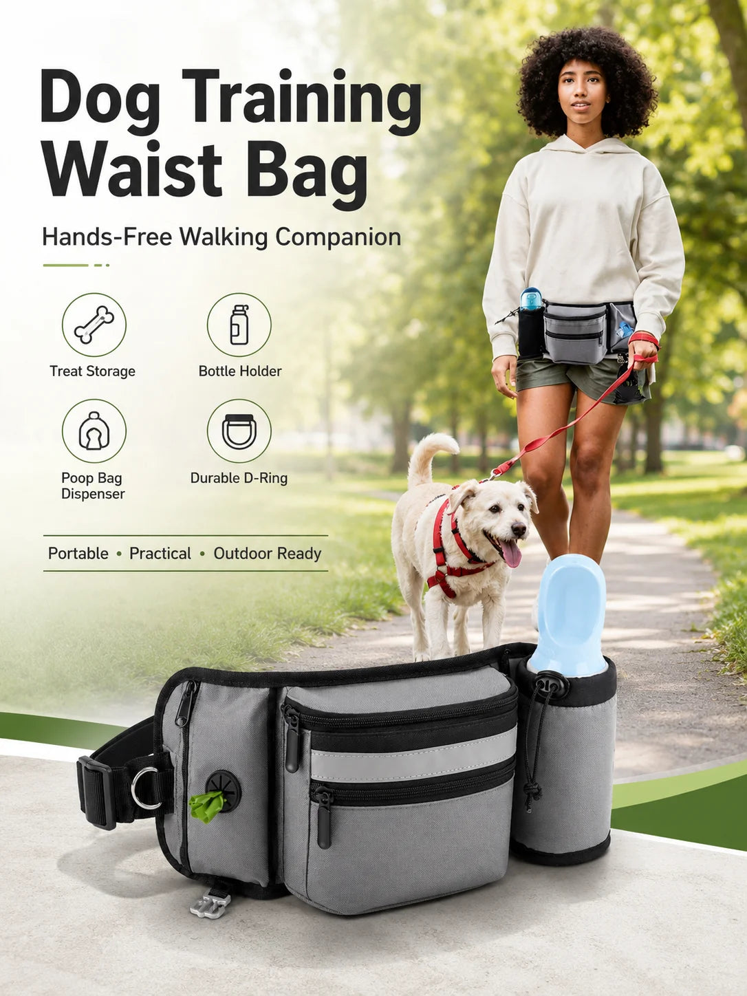 Dog Treat Pouch Waist Bag for Training Walking, Portable Snack Bag with D Ring, Poop Bag Dispenser Bottle Holder