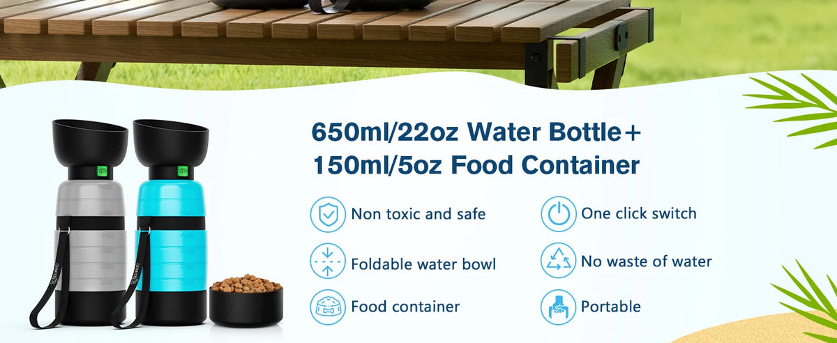 650ML Dog Water Bottle with 150ml Food Container, Dog Travel Water Bottle Dispenser, Pet Bowl for Outdoor Walking Hiking Camping
