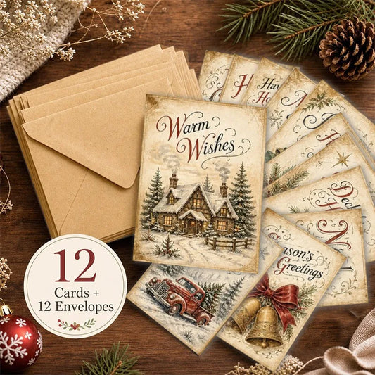 12 Vintage Christmas Greeting Cards with Envelopes – Winter Cottage Holiday Cards for Family, Friends & Coworkers