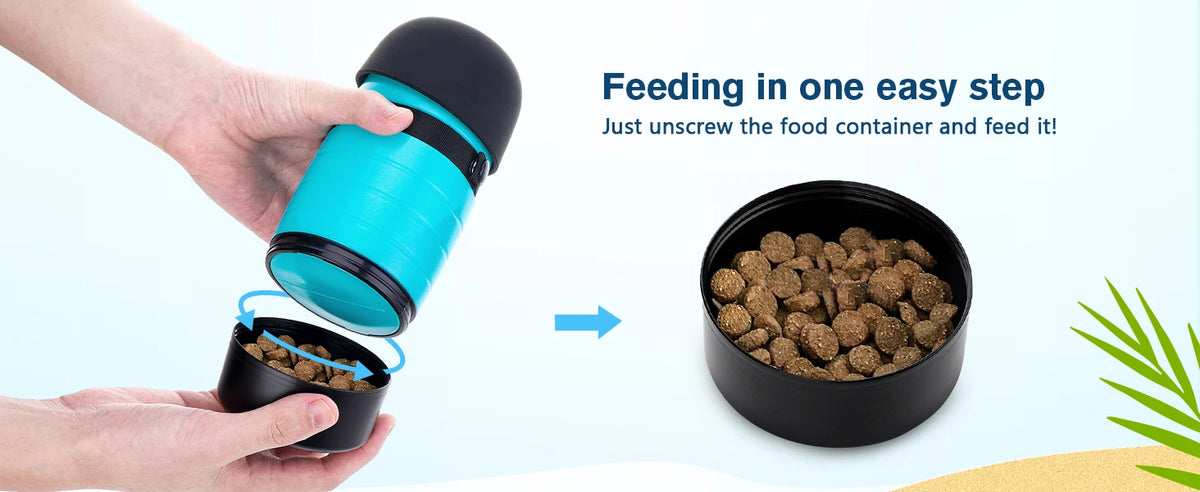 650ML Dog Water Bottle with 150ml Food Container, Dog Travel Water Bottle Dispenser, Pet Bowl for Outdoor Walking Hiking Camping