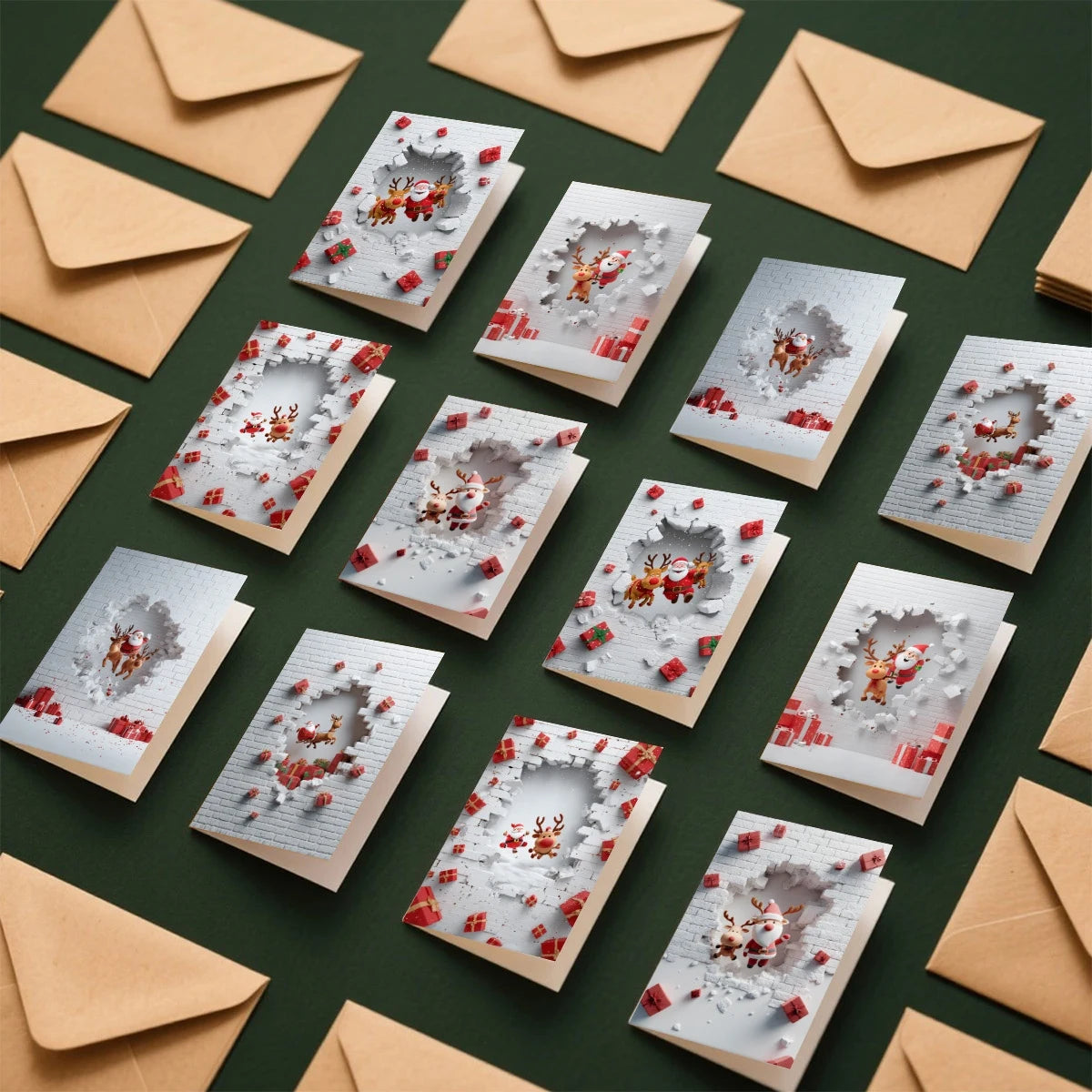 6/12 Set Christmas Greeting Cards with Envelopes – Santa & Reindeer Holiday Cards for Family & Friends